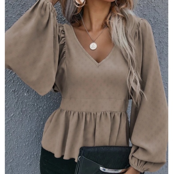 Tops - Boho lantern sleeve ruffle hem blouse khaki